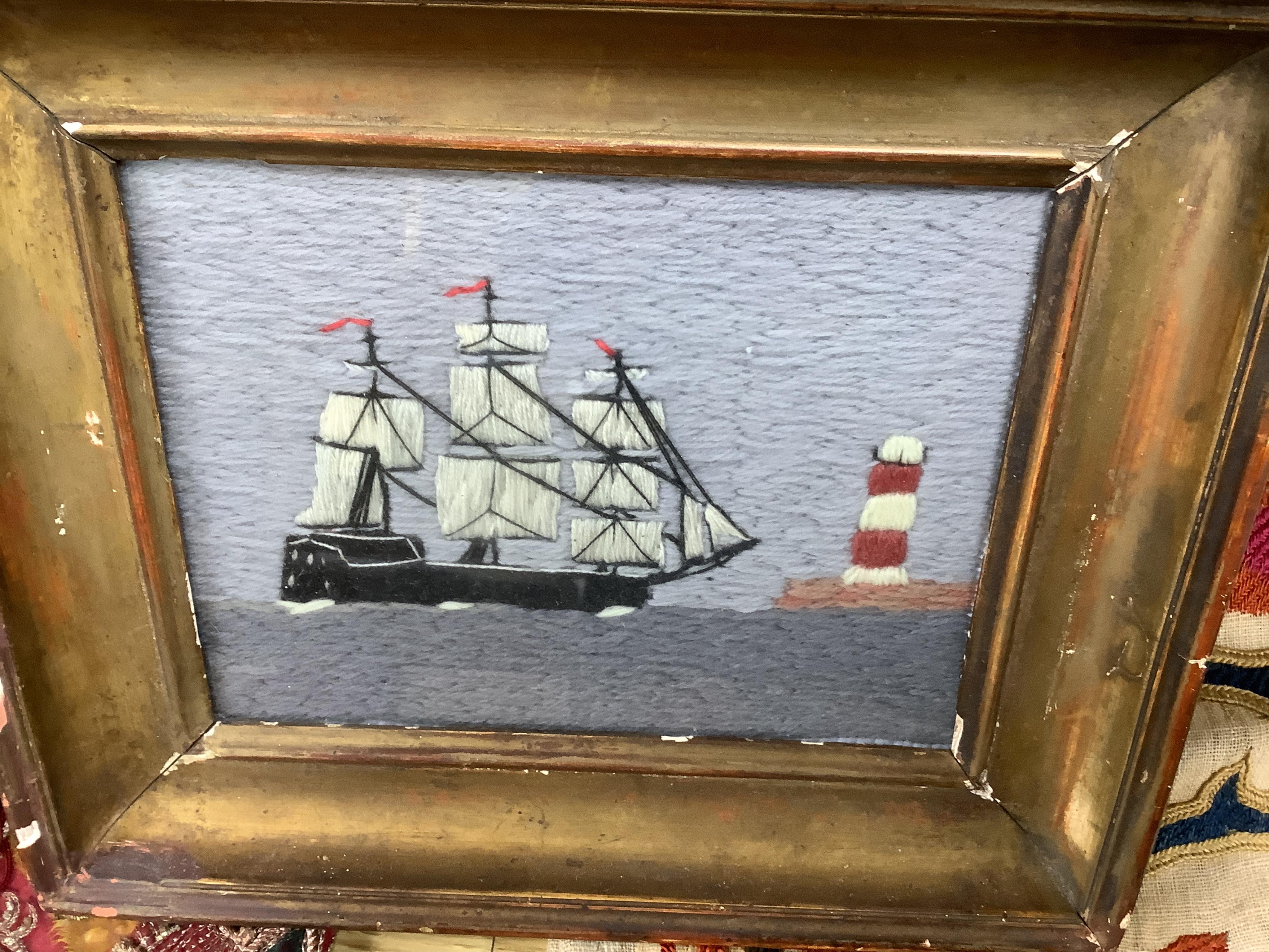 Three early 20th century Folk Art wool works of Clippers, two with flags, one embroidered Patricia, the third by a lighthouse, largest 31cm x 23cm. Condition - all three embroideries are unfaded or damaged, the frame on